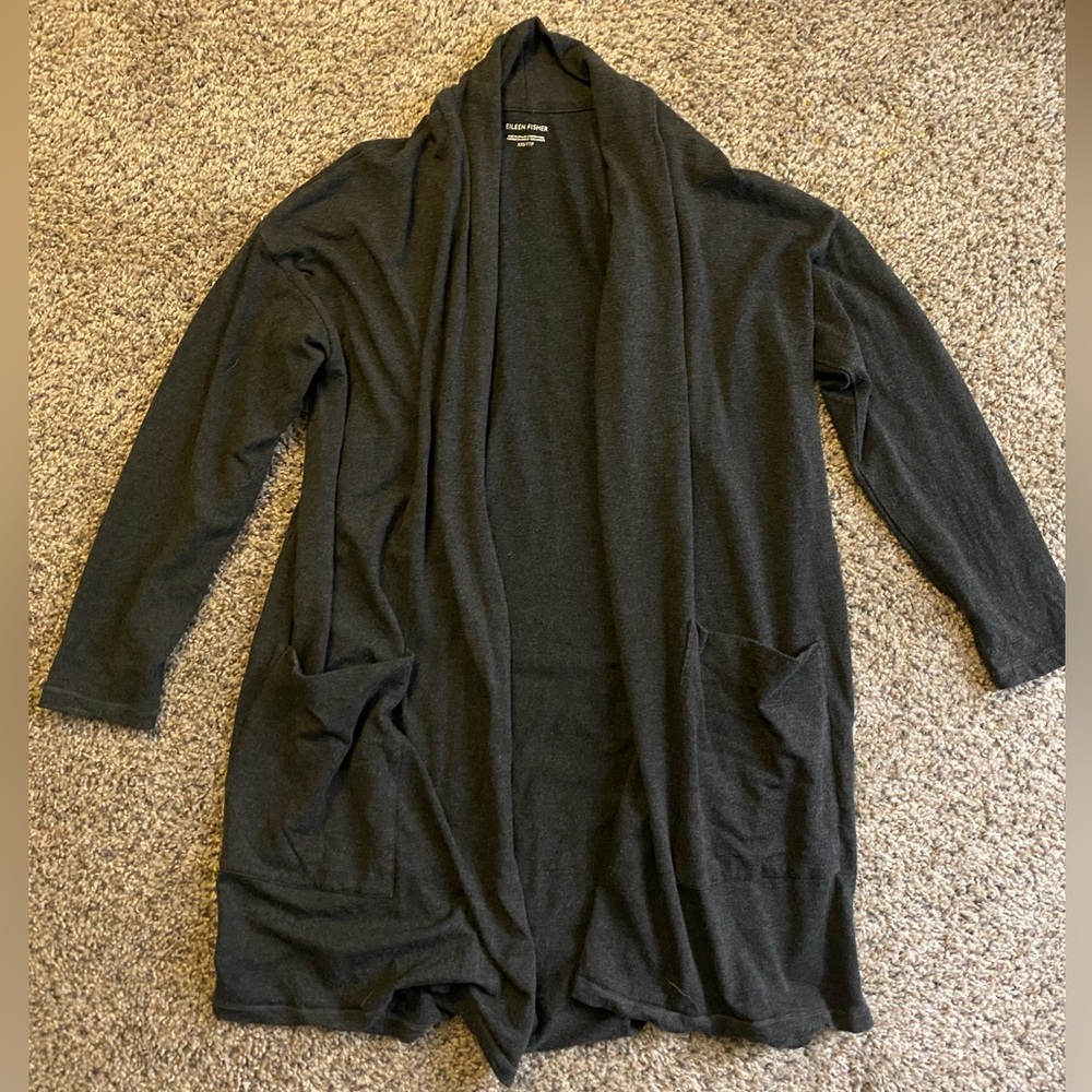 Eileen Fisher Dark grey 100% Tencel Lyocell Open Weave Open Front Sweater Sz XXS
